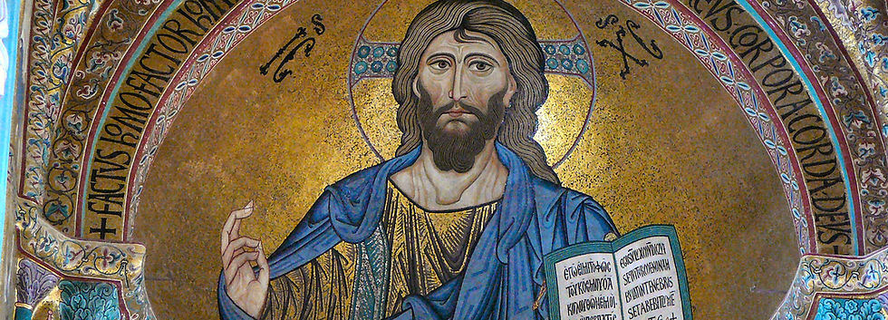 An icon of Jesus dressed in blue and gold against a gold background